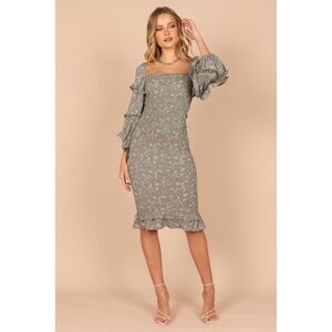 Petal and Pup Womens Bonita Shirred Frill Long Sleeve Bodycon Midi Dress